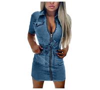 jieGorge Women Elegant Dresse,Women's Plus Size Zipper Casual V Neck Short Sleeve Dress Denim Faux Jean Dress Blue Dress for Women Summer