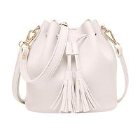 jieGorge Women's Solid Color Single Tassel Messenger Drawstring Crossbody Leather Shoulder Bag (White, One Size)
