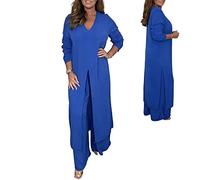 JIEJIAN 2023 Solid Casual Suit With Long Top & Matching Trouser, Women's V-Neck Slit Hem Shirt Wide-Leg Pants Two-Piece Set (Large,Blue)