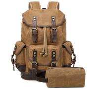 JIELV Vintage Leather Canvas Backpack, Waxed Canvas Shoulder Rucksack with Toiletry Shoulder Rucksack for Camping, Khaki, Backpack With Toiletry Bag