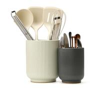 JIEMEI HOME Kitchen Utensil Holder, 7.56"+6.2" Fluted Ceramic Utensil Crock for Countertop, Utensil Holder with Cork Mat, Morden Utensil Organizer for Spatula, Set of 2, Beige & Gray