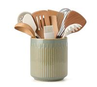JIEMEI HOME Kitchen Utensil Holder, Ceramic Stable Utensil Crock for Countertop, 7.2" Large Utensil Organizer with Cork Mat, Removable Bamboo Divider for Kitchen Décor and Accessories, Wild Sage Earth