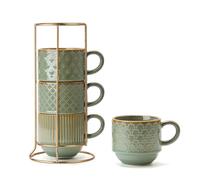 JIEMEI HOME Large Ceramic Coffee Mug Set of 4 with Stand, 15 Oz Stackable Embossment Ribbed Latte Cup Set for Cappuccino, Latte, Tea, Hot Cocoa, Drinks - Dishwasher & Microwave Safe, Vintage Turquoise