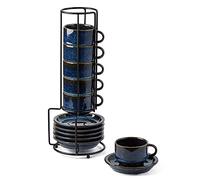 JIEMEI HOME Porcelain Stackable Espresso Cups with Saucers and Metal Stand,4 Ounce Demitasse Cups for Coffee Drinks, Latte, Tea - Set of 6, Stackable Espresso Mugs, Reactive Glaze, Bule