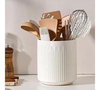 JIEMEI HOME Utensil Holder, 7.2" Large Ceramic Stable Utensil Crock for Kitchen Counter, Utensil Holder with Cork Mat, Removable Bamboo Divider for Easy, Kitchen Decor, White