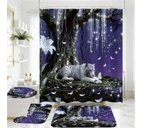 jieprom 4 Piece Purple and White Shower Curtain Set with Rugs, Dreamy White Tiger & Butterfly Under Glowing Tree, Fantasy Aesthetic Waterproof Fabric Bathroom Decor, Non-Slip Mats & Toilet Lid Cover