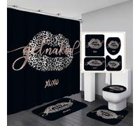 jieprom 4PCS Leopard Print Lips Shower Curtain Set with Rug, Toilet Lid Cover and Bath Mat, Get Naked Shower Curtain with 12 Hooks, Durable Shower Curtain for Bathroom Set