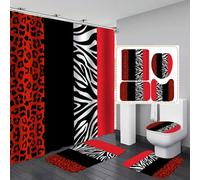 jieprom 4PCS Leopard Print Shower Curtain Set with Rug, Toilet Lid Cover and Bath Mat,Red Black Splice Shower Curtain with 12 Hooks, Complete Bathroom Accessories Decor Set