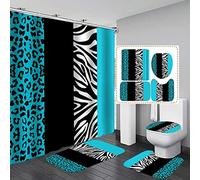 jieprom 4PCS Leopard Print Shower Curtain Set with Rug, Toilet Lid Cover and Bath Mat, Teal Black Splice Shower Curtain with 12 Hooks, Complete Bathroom Accessories Decor Set…
