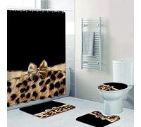 jieprom 4PCS Leopard Print Splice Gold Bowknot Shower Curtain Set with Rug, Toilet Lid Cover and Bath Mat, Shower Curtain with 12 Hooks, Durable Shower Curtain for Bathroom Set