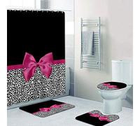 jieprom 4PCS Leopard Print Splice Pink Bowknot Shower Curtain Set with Rugs, Toilet Lid Cover and Bath Mat, Shower Curtain with 12 Hooks, Durable Shower Curtain for Bathroom Set