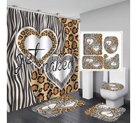 jieprom 4PCS Leopard Zebra Print Shower Curtain Set with Rugs, Toilet Lid Cover and Bath Mat, Get Naked Shower Curtain with 12 Hooks, Durable Shower Curtain for Bathroom Set