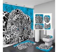 jieprom 4PCS Teal Rose and Leopard Shower Curtain Set with Rugs,Toilet Lid Cover and Bath Mat, Shower Curtain with 12 Hooks, Complete Bathroom Accessories Bathroom Decor Set