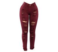 JIER Ladies High Rise Denims Distressed Pants High Waist Skinny Destroyed Jeans Stretch Butt Lifting Ripped Trouser (Red Wine,S)