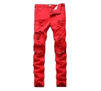 JIER Men Straight Distressed Denim Pants Stretch Regular Fit Ripped Trousers Designer Skinny Destroyed Jeans (Red,42)