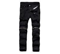 JIER Men Straight Distressed Denim Pants Stretch Regular Fit Ripped Trousers Designer Skinny Destroyed Jeans (Black,32)