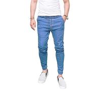 JIER Men's Cuffed Elasticated Waist Style Denim Pants Man's Casual Elastic Waist Drawstring Trousers Straight Skinny Lace up Jeans (Light Blue,L)