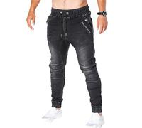 JIER Men's Jogging Denim Pants with Pockets Zipper Jogger Jeans with Elasticated Waist Elastic Waist Biker Jean Trousers with Zip (Black,L)