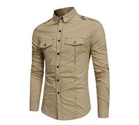 JIER Men's Long Sleeve Security Epaulette Work Wear Pilot Shirt Military Button Down Cargo Shirt Tactical Training Hiking Work Shirts (Khaki,L,L)