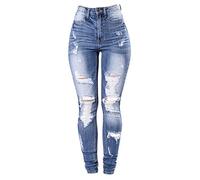 JIER Women's High Waisted Stretch Distressed Ripped Jeans Trousers Ladies Slim Stretchy Destroyed Denim Pants Leggings with Pocket Zipper (Blue,L)