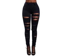 JIER Women's Pencil Boyfriend Distressed Jean Jegging Ladies Zipper Ripped Denim Pants Stretch Destroyed Jean Trousers (Black,L)
