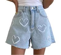 Jieroans Jorts for Women Vintage Y2K Cute Heart Embroidered Denim Shorts Frayed Hem Retro Jean Shorts for Girl(M)