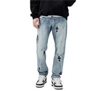 Jieroans Men's Baggy Hip-Hop Cross Patchwork Jeans Loose Fit Wide Leg Straight Denim Pants Streetwear Y2K Jeans Casual Cross-Stitch Patch Jeans (Color : Blue, Size : L)