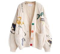Jieroans Women's Cable Knit Embroidery Patchwork Cardigan V Neck Long Sleeve Open Front Button Down Sweater (Color : Apricot, Size : S)