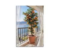 JIERUANYING Balcony Orange Tree With Sea View Wall Art, Coastal Fruit Decor For Living Room And Balcony Artistic Wall Mural Modern Hanging Decor Poster20x30inch(50x75cm)