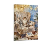 JIERUANYING Cat And Stuffed Animals on Chair Wall Art, Cozy Winter Indoor Decor Canvas Print for Living Room And Nursery Artistic Wall Mural Modern Hanging Decor Poster20x30inch(50x75cm)