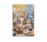 JIERUANYING Cat And Stuffed Animals on Chair Wall Art, Cozy Winter Indoor Decor Canvas Print for Living Room And Nursery Artistic Wall Mural Modern Hanging Decor Poster12x18inch(30x45cm)
