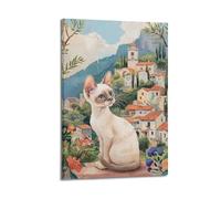 JIERUANYING Cornish Rex Cat Over Italian Village Art Wall Art, Charming Travel Pet Decor for Living Room And Balcony Artistic Wall Mural Modern Hanging Decor Poster08x12inch(20x30cm)