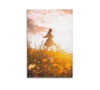JIERUANYING Girl Leaping in Flower Field at Sunset Wall Art, Dreamy Nature Scene Decor Canvas Print for Living Room And Teen Bedroom Artistic Wall Mural Modern Hanging Decor Poster12x18inch(30x45cm)