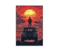 JIERUANYING Man On SUV Under Red Sunset Wall Art, Peaceful Rural Adventure Decor Painting for Living Room And Patio Artistic Wall Mural Modern Hanging Decor Poster12x18inch(30x45cm)