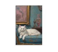 JIERUANYING White Longhair Cat on Blue Sofa Oil Painting Wall Art, Sophisticated Vintage Pet Decor for Living Room And Library Artistic Wall Mural Modern Hanging Decor Poster24x36inch(60x90cm)