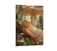 JIERUANYING Woman Resting by Giant Mushrooms Wall Art, Magical Forest Fantasy Decor Canvas Print for Living Room And Bedroom Artistic Wall Mural Modern Hanging Decor Poster20x30inch(50x75cm)
