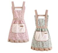 JIESHEPR 2 Pcs Floral Print Apron Set, Home Cooking Aprons, Vintage Floral Baking Canvas Aprons, Grease-Resistant Apron with Pockets and Hand Towel, Fresh Country Style (Pink + Green)