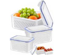 JIESHEPR 3 Pack Airtight Fruit Storage Containers, Leak Proof Fridge Containers, Fridge Organizers with Lids & Removable Colander, for Washing, Draining, and Extended Food Freshness (Blue)
