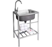 JIESOO Outdoor Stainless Steel Utility Sink,Free Standing Camping Sink Station Portable,with Storage Shelve and Faucet for Restaurant, Bar, Laundry, Garage, Backyard(60 * 45 * 75cm)