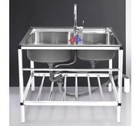 JIESOO Stainless Steel Utility Sink 2 Compartment Commercial Kitchen Sink Handwashing Station with Storage Shelves & Faucet for Indoor Outdoor RV