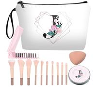 JIEXAGEZOS Personalized Makeup Bag with Mirror ,Bride Bridesmaid Cosmetic bag with10 pieces brush set,Birthday Gifts for Women Mom, Gifts for Best Friend, Diamond-like Ietter J Floral-white