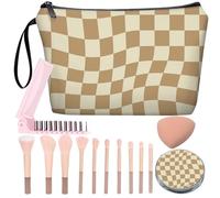 JIEXAGEZOS Personalized Makeup Bag with Mirror ，Bride Bridesmaid Cosmetic bag with10 pieces brush set，Birthday Gifts for Women Mom, Gifts for Best Friend, Checkered Light Brown, black-large, Simple