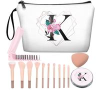 JIEXAGEZOS Personalized Makeup Bag with Mirror ，Bride Bridesmaid Cosmetic bag with10 pieces brush set，Birthday Gifts for Women Mom, Gifts for Best Friend, Diamond-like Ietter K Floral-white