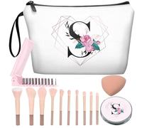JIEXAGEZOS Personalized Makeup Bag with Mirror ，Bride Bridesmaid Cosmetic bag with10 pieces brush set，Birthday Gifts for Women Mom, Gifts for Best Friend, Diamond-like Ietter S Floral-white