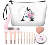 JIEXAGEZOS Personalized Makeup Bag with Mirror ，Bride Bridesmaid Cosmetic bag with10 pieces brush set，Birthday Gifts for Women Mom, Gifts for Best Friend, Diamond-like Ietter A Floral-white