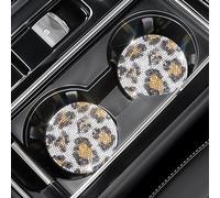 JIEYAO 2 Pcs Bling Car Cup Holder Coasters, Leopard Print Rhinestone Car Coasters Cheetah Print Universal Non-Slip Rubber Car Coasters 2.75in Car Drink Cup Mat Interior Decor Accessories(Coffee color)