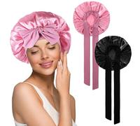 JIEYAO 2Pcs Satin Bonnets for Sleeping Women, Soft Adjustable Elasticity Bonnet Silk Sleep Cap Hair Bonnet with Tie Band for Curly Hair Night Cap(Light Pink, Black)