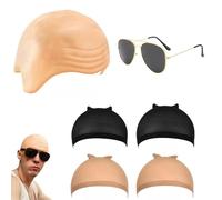 JIEYFC 6pcs Bald Cap Adult Set, Latex Bald Cap, Thick Skin Head Skull Wig, Wig Cap and Skin Tone Hair Sunglasses Bald Head for Halloween Kids Adults (Skin color)