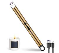 JIEYUCHU Candle Lighter, Rechargeable USB C Electric Lighter with LED Display and Hanging ring, Windproof Flameless for Candles, Parties, BBQ, Camping, Grill (B-Ice gold)