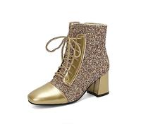 JIFAENY Women Glitter Gold Ankle Boots Square Toe Thick High-heeled Lace-up Zipper Boot Silver Bling Bling Shoes,gold,UK6.5